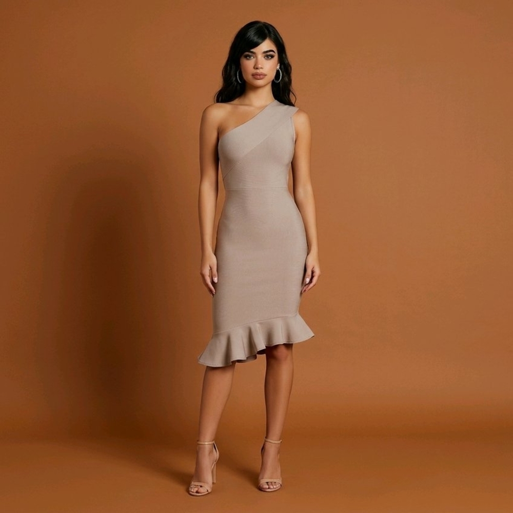 Nude One Shoulder Bodycon Mermaid Asymmetrical Ruffle Midi Bandage Dress WOW